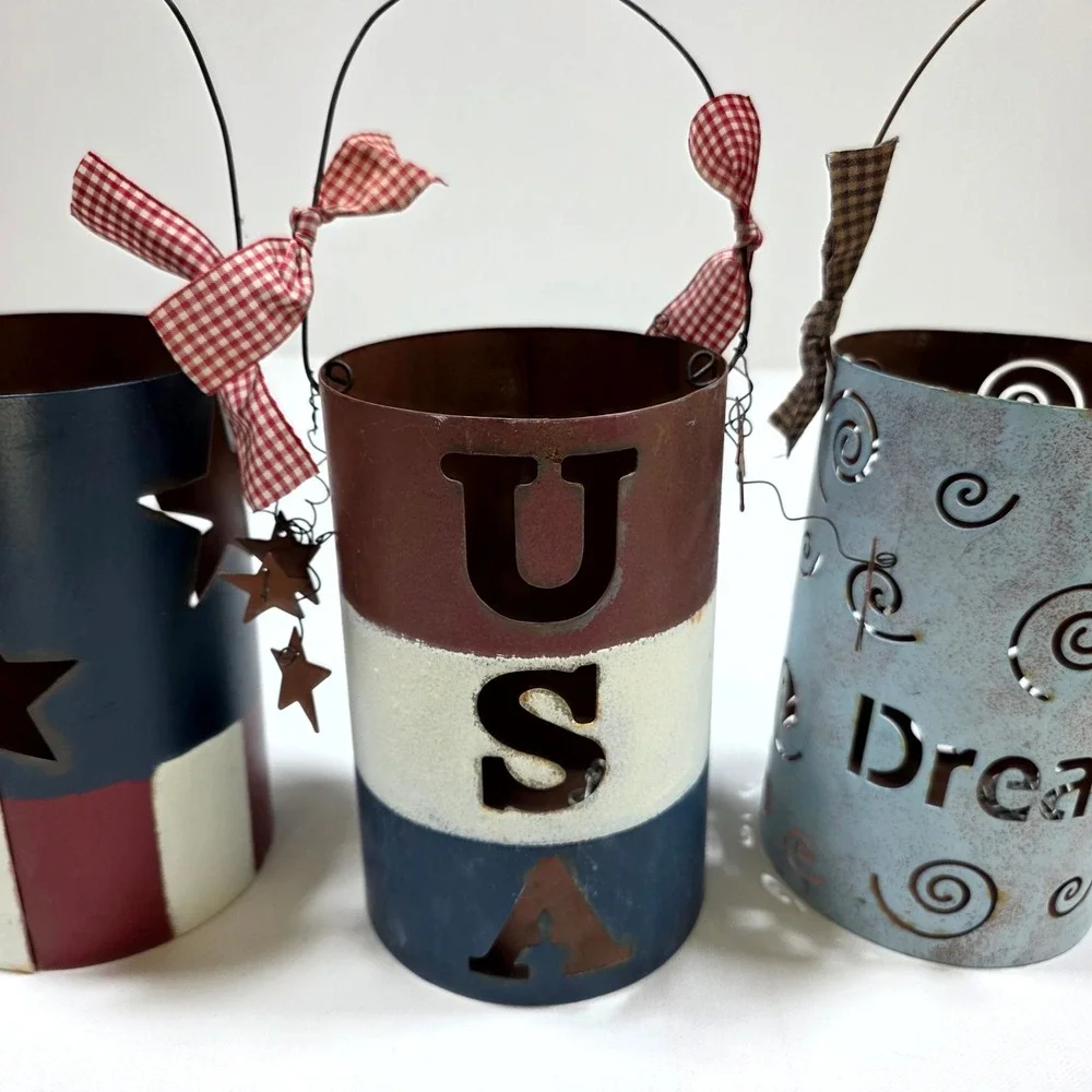 Lantern Set Red White Blue Patriotic USA Americana Decor farmhouse primitive
